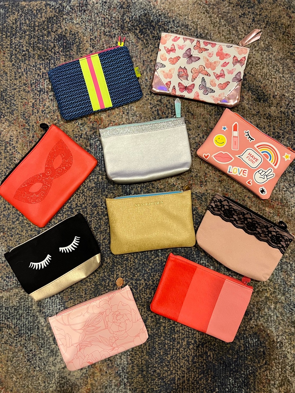 ipsy Assorted Makeup Pouch Set - Pink, Gold, Silver, Red, Black, Navy, Coral
